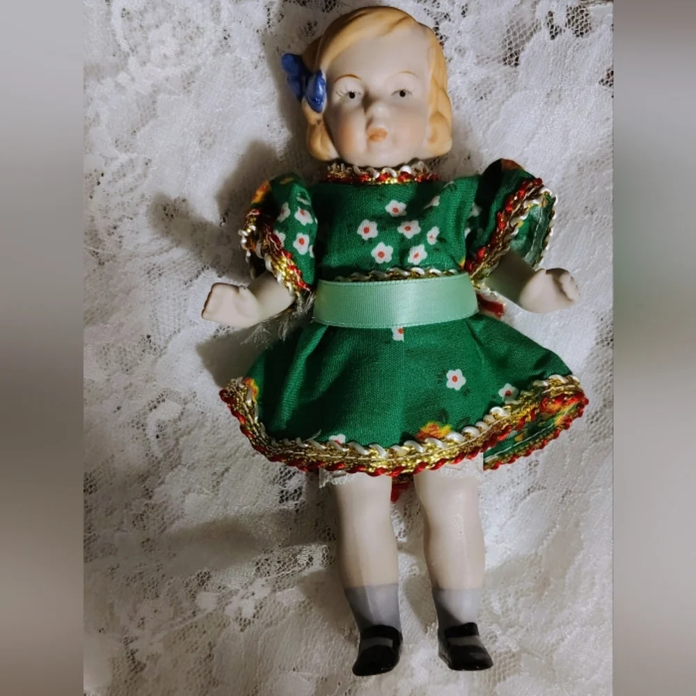 Vintage Bisque Doll Shackman 6" Tall German Green Dress Japan Mcm - Picture 7 of 7